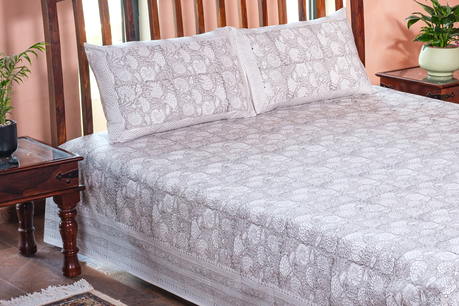 King Size Block Printed Percale Fine Cotton Bedspread with 2 Pillow Cases 100946