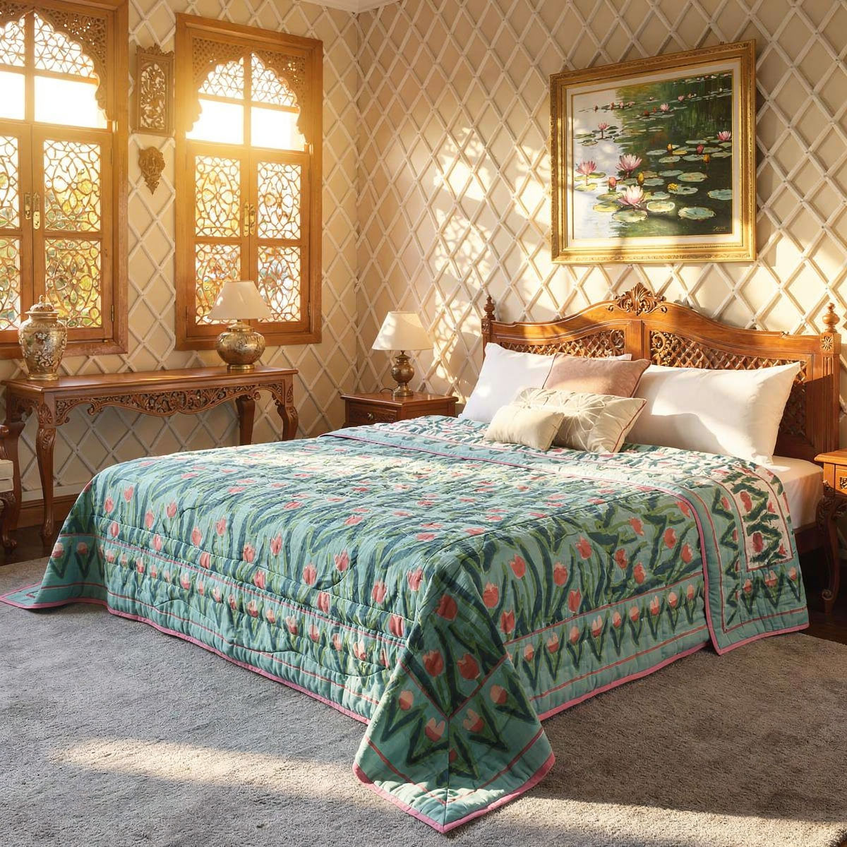 Hand Block Printed Cotton Queen Size Quilt Lambi Patti Tulip 103435