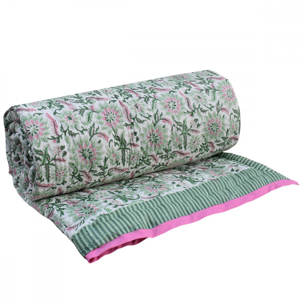 Image of Hand Block Printed Cotton Medium Size Quilt | Madhubala Green 202526