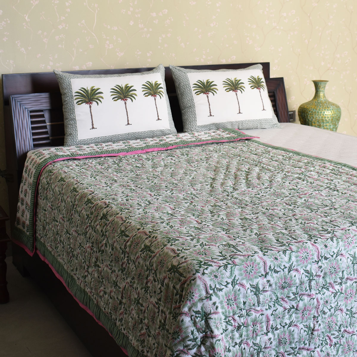 Hand Block Printed Cotton Medium Size Quilt  Madhubala Green 202526