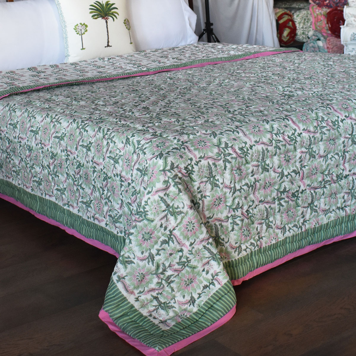 Hand Block Printed Cotton Medium Size Quilt  Madhubala Green 202526