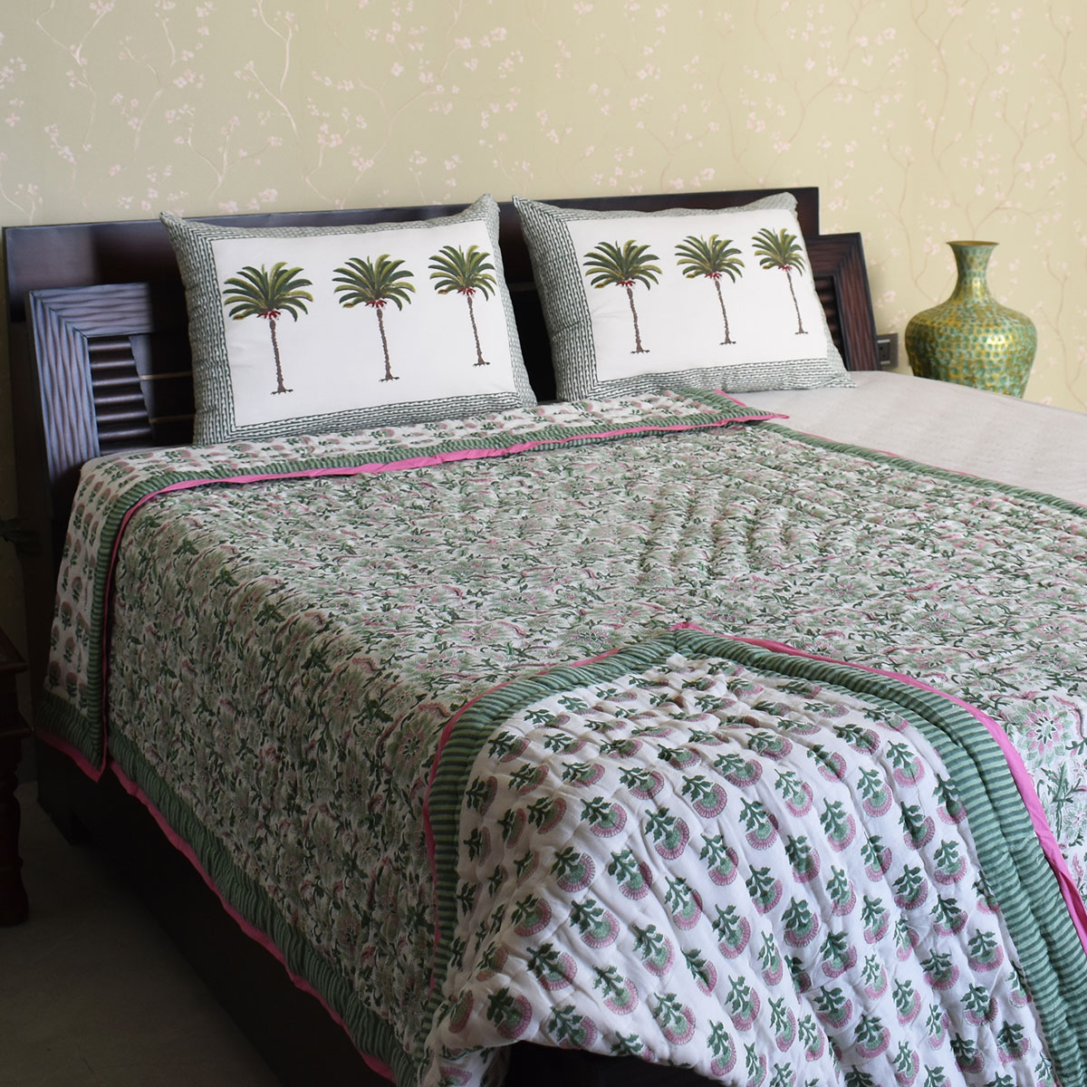 Hand Block Printed Cotton Medium Size Quilt Madhubala Green 202526