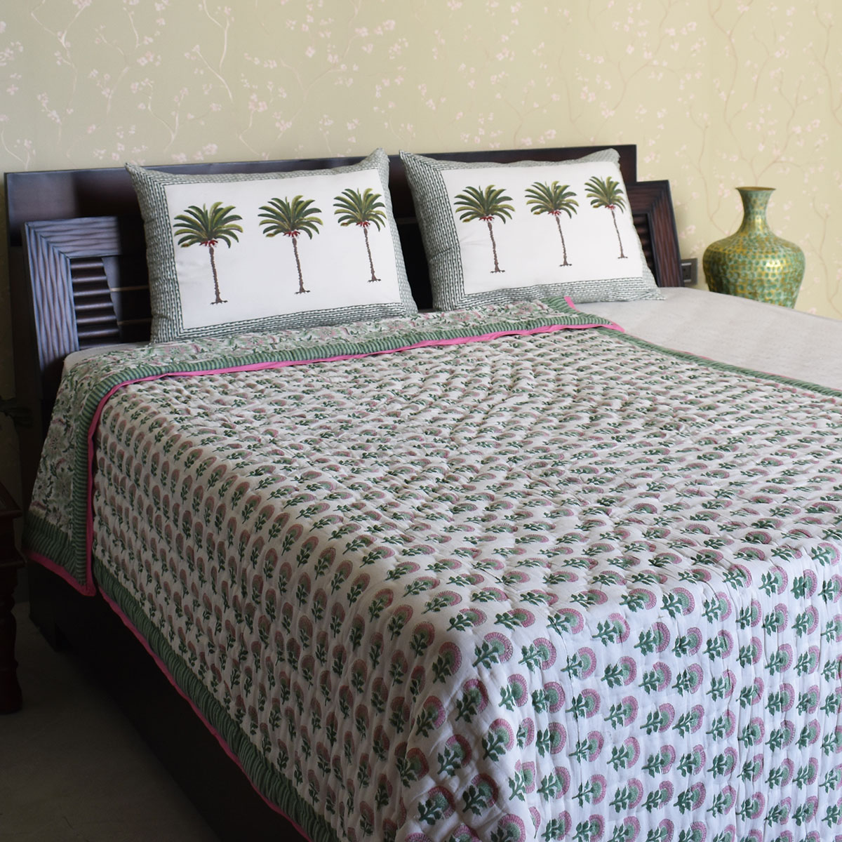 Hand Block Printed Cotton Medium Size Quilt Madhubala Green 202526