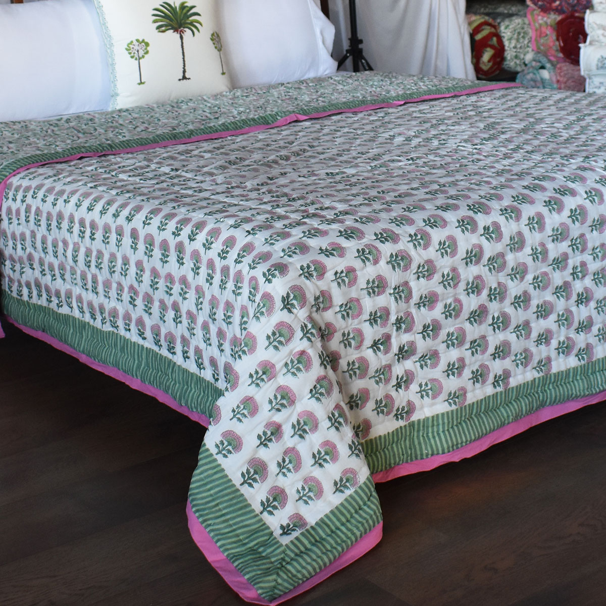 Hand Block Printed Cotton Queen Size Quilt Madhubala Green 202526