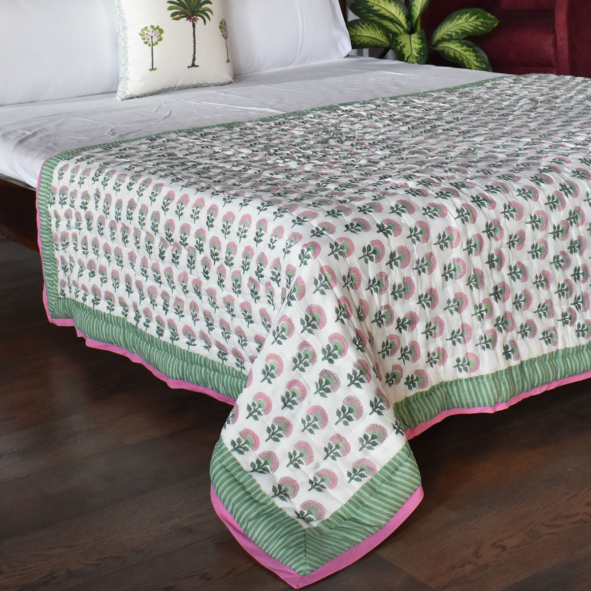 Hand Block Printed Cotton Twin Size Quilt  Madhubala Green 202526