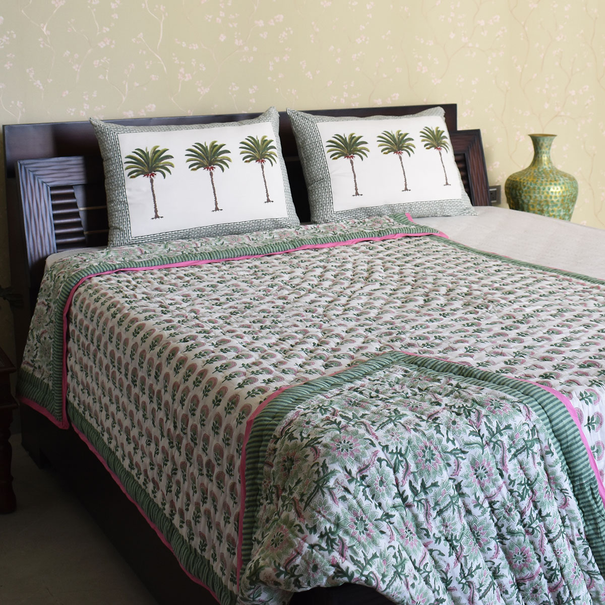 Hand Block Printed Cotton Medium Size Quilt  Madhubala Green 202526