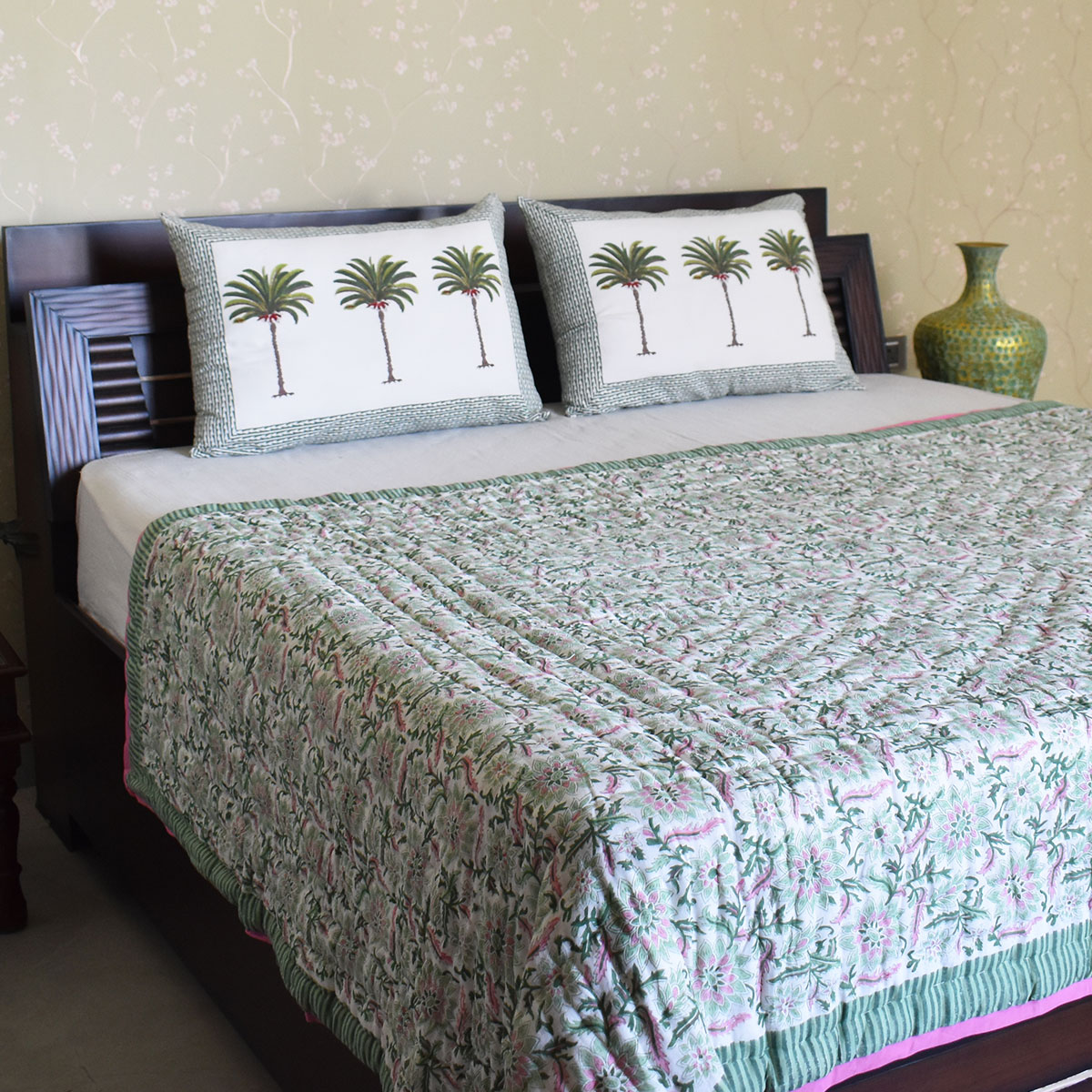 Hand Block Printed Cotton Medium Size Quilt Madhubala Green 202526