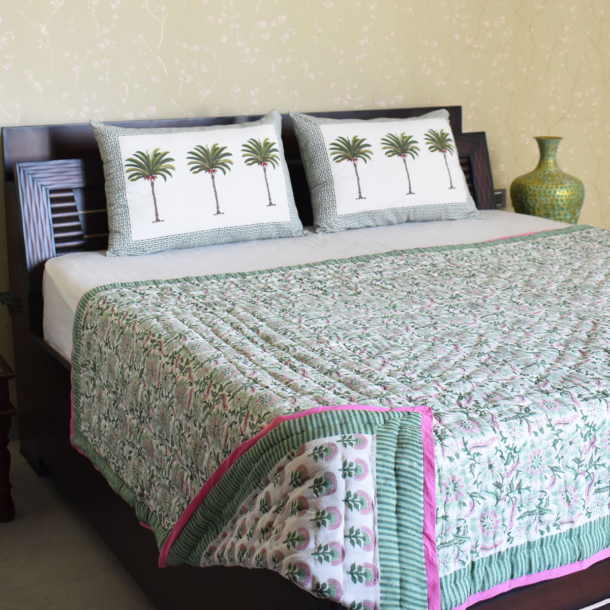 Hand Block Printed Cotton Medium Size Quilt Madhubala Green 202526