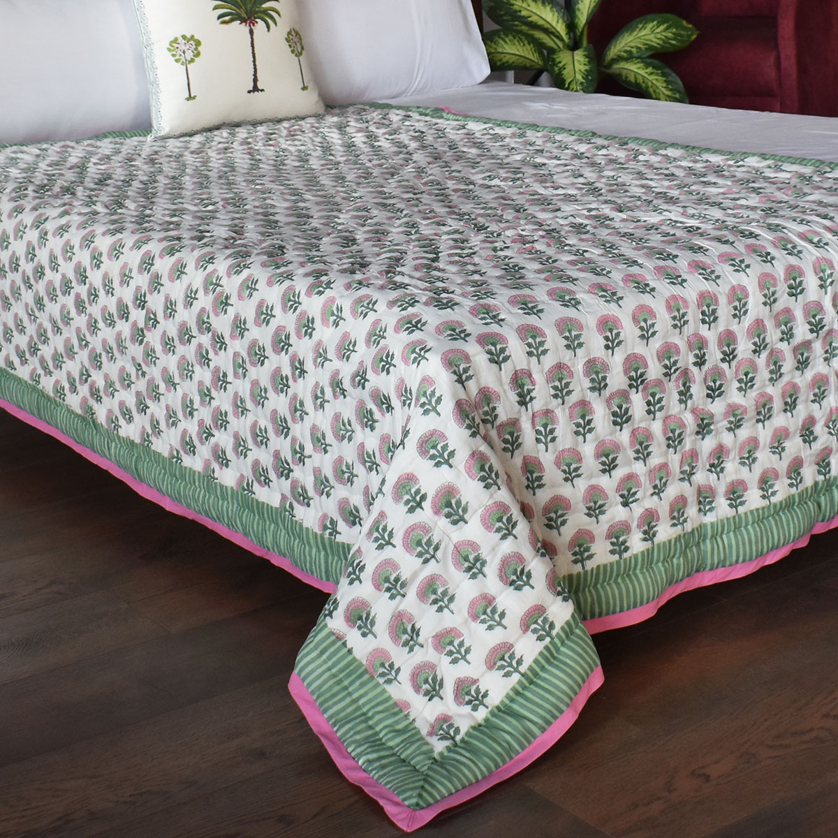 Hand Block Printed Cotton Twin Size Quilt  Madhubala Green 202526