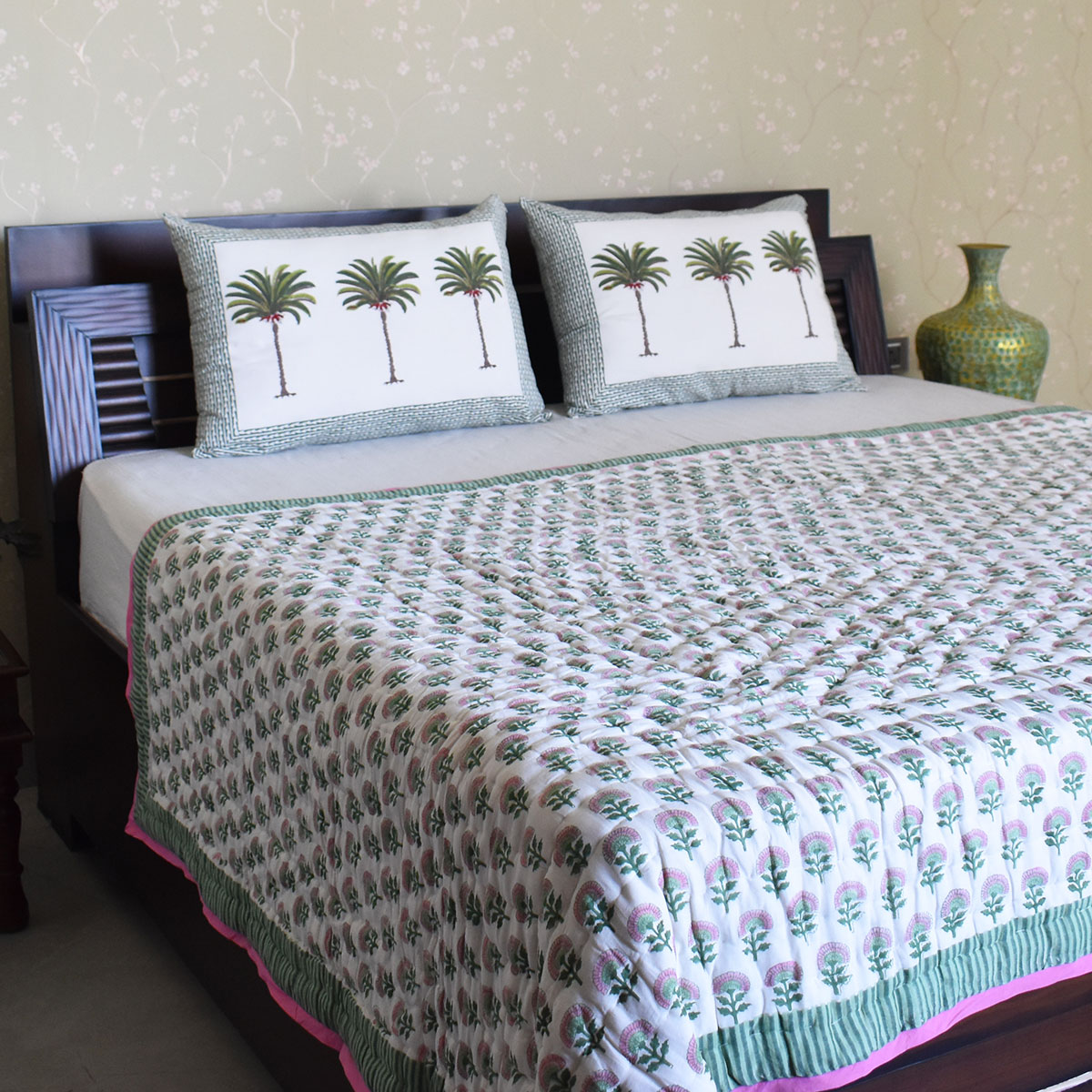 Hand Block Printed Cotton Medium Size Quilt Madhubala Green 202526