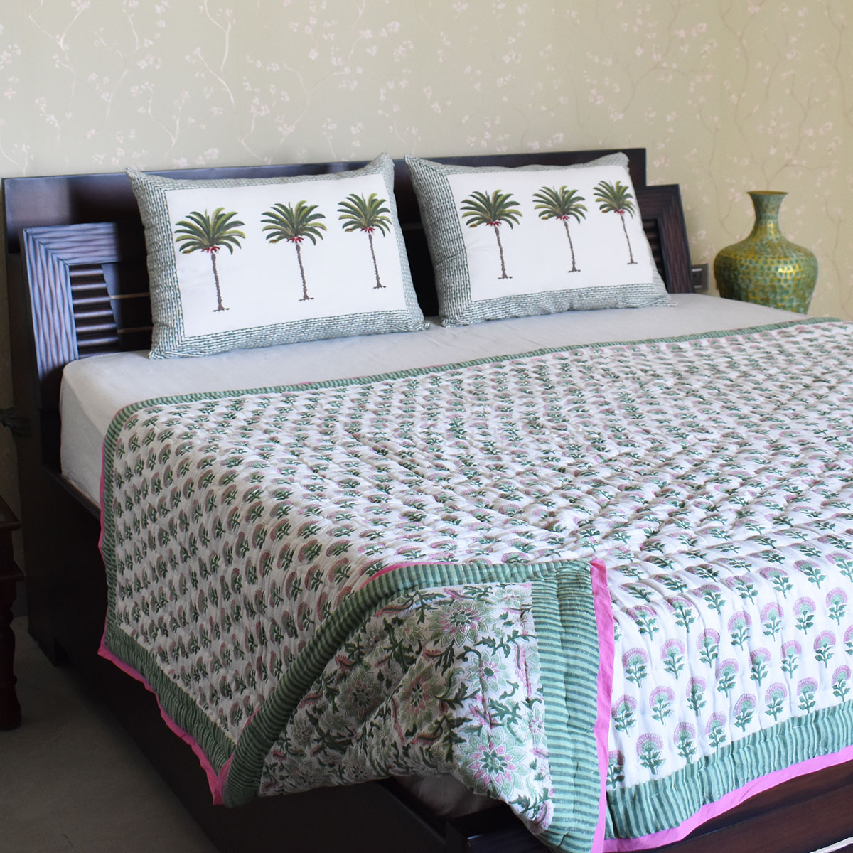 Hand Block Printed Cotton Medium Size Quilt Madhubala Green 202526