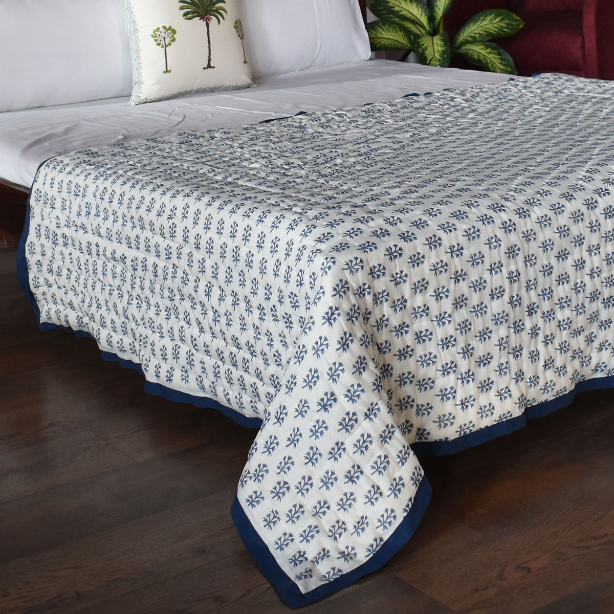 Hand Block Printed Cotton Twin Size Quilt Meadow Song Blue 202513