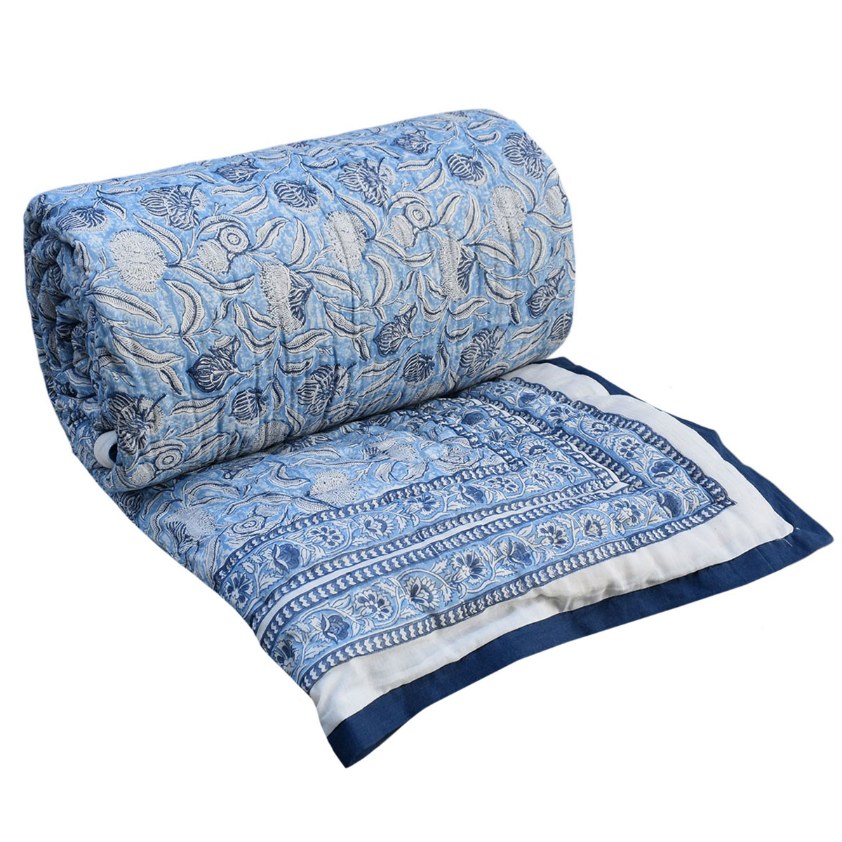 Hand Block Printed Cotton Medium Size Quilt Meadow Song Blue 202513