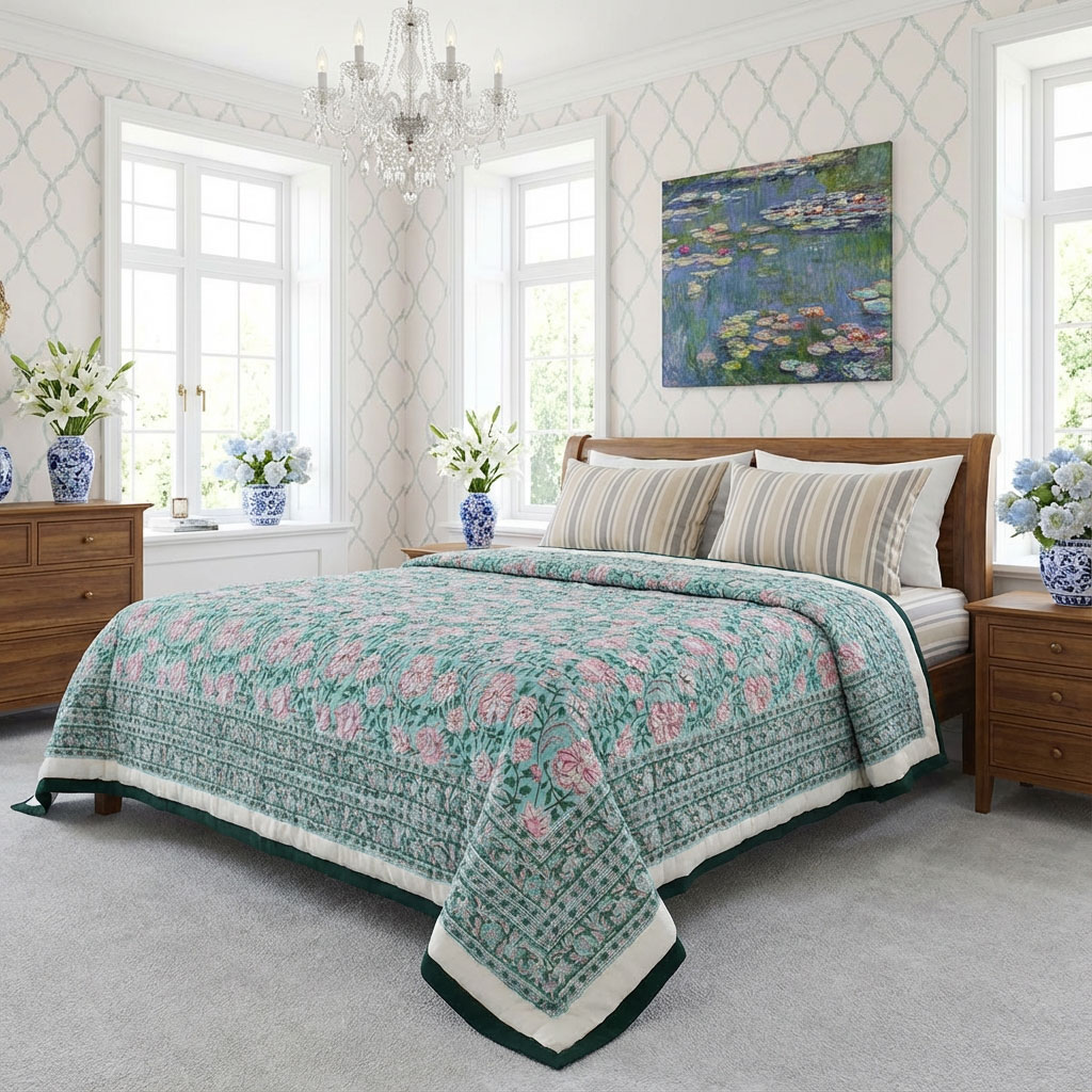 Hand Block Printed Cotton Twin Size Quilt Mohini Green Gud 620605