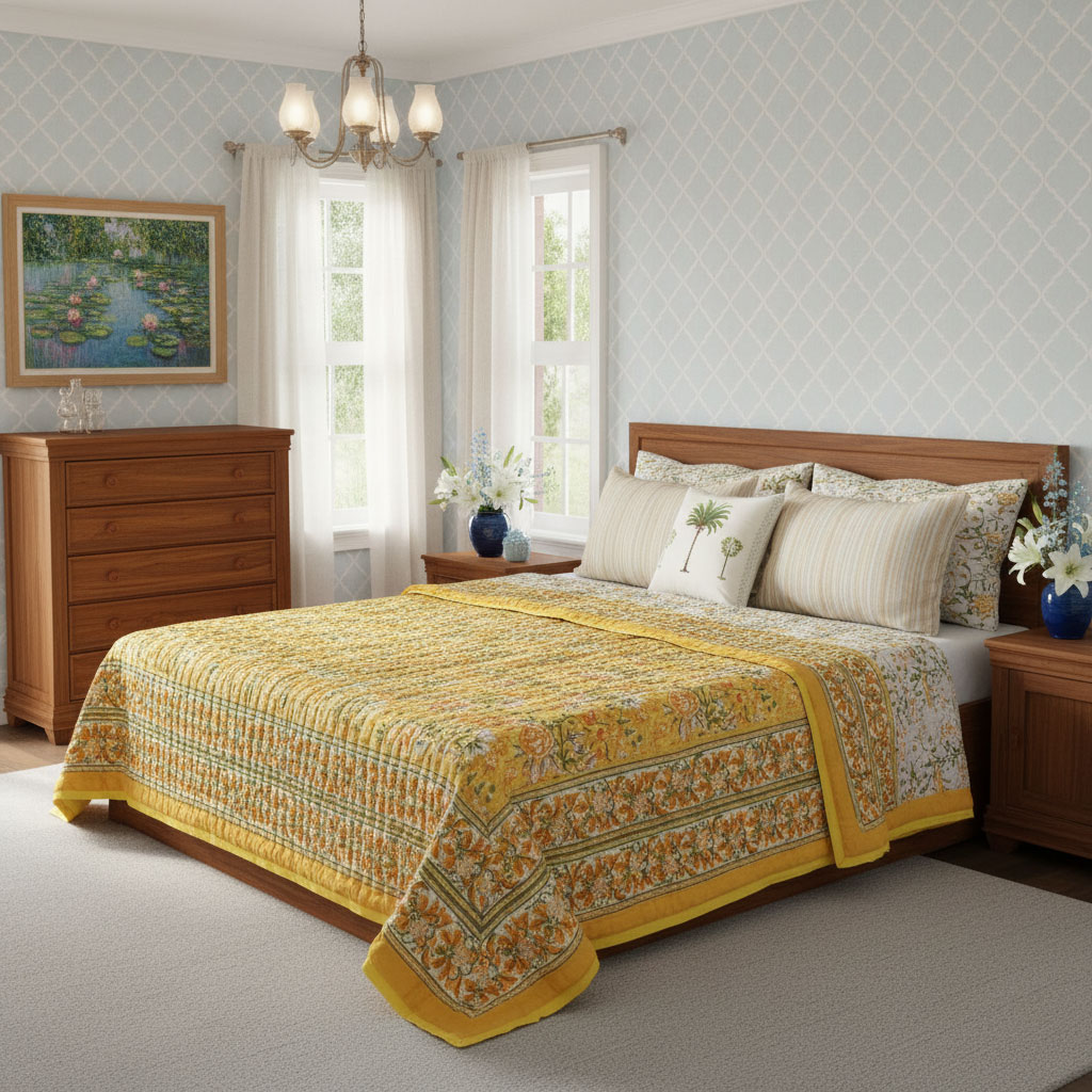 Hand Block Printed Cotton Queen Size Quilt  Naya Gulab Mustard 620634