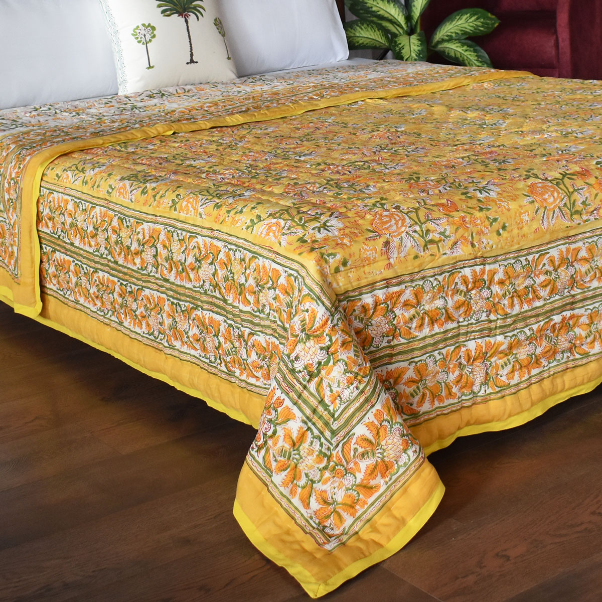 Hand Block Printed Cotton Queen Size Quilt  Naya Gulab Mustard 620634