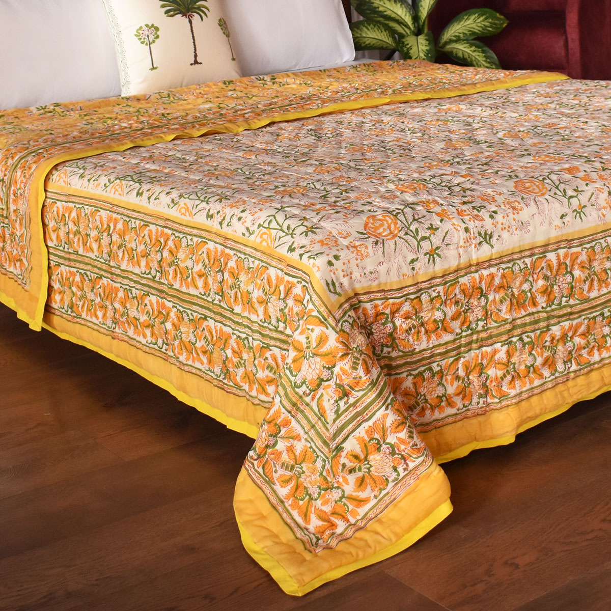 Hand Block Printed Cotton Queen Size Quilt  Naya Gulab Mustard 620634