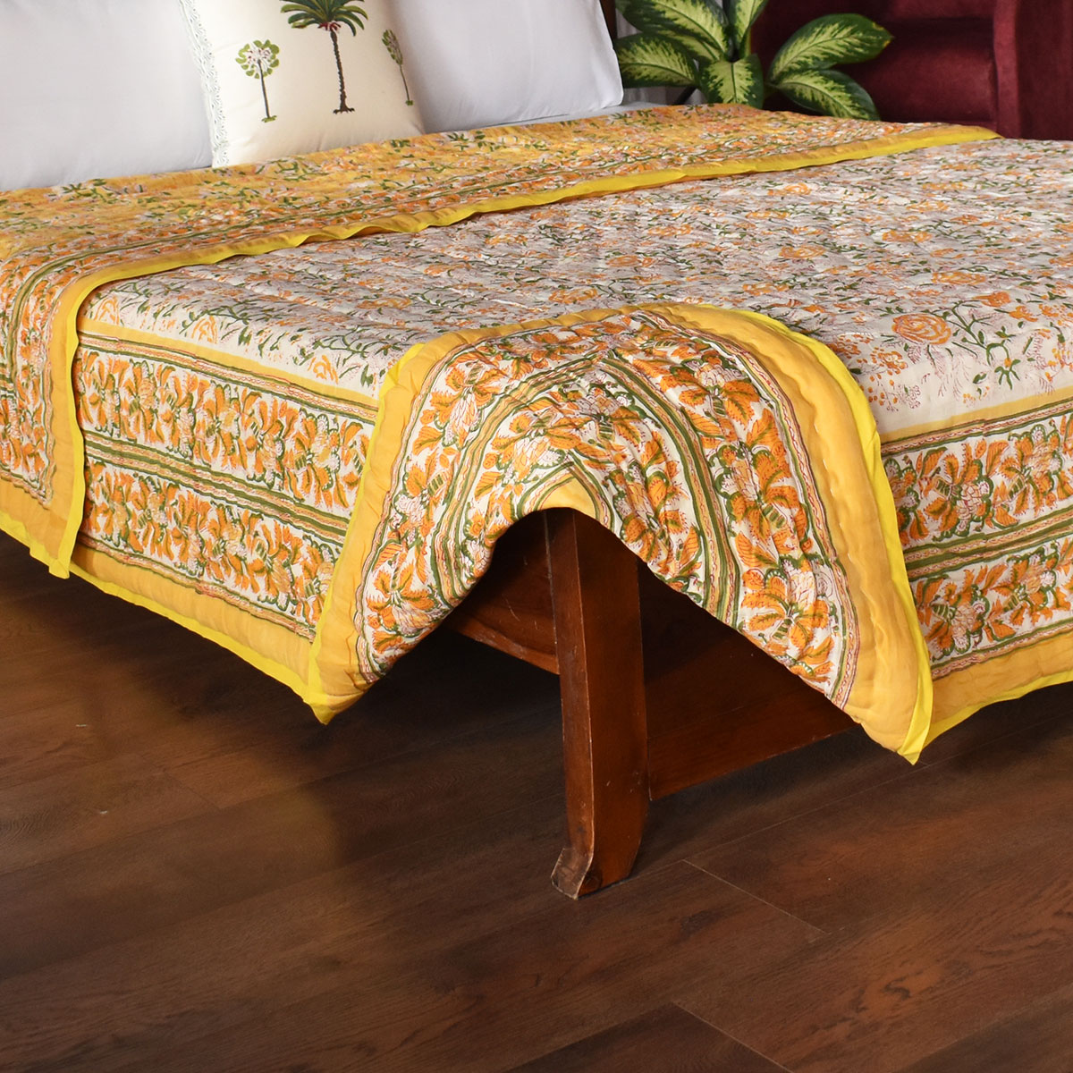 Hand Block Printed Cotton Queen Size Quilt Naya Gulab Mustard 620634
