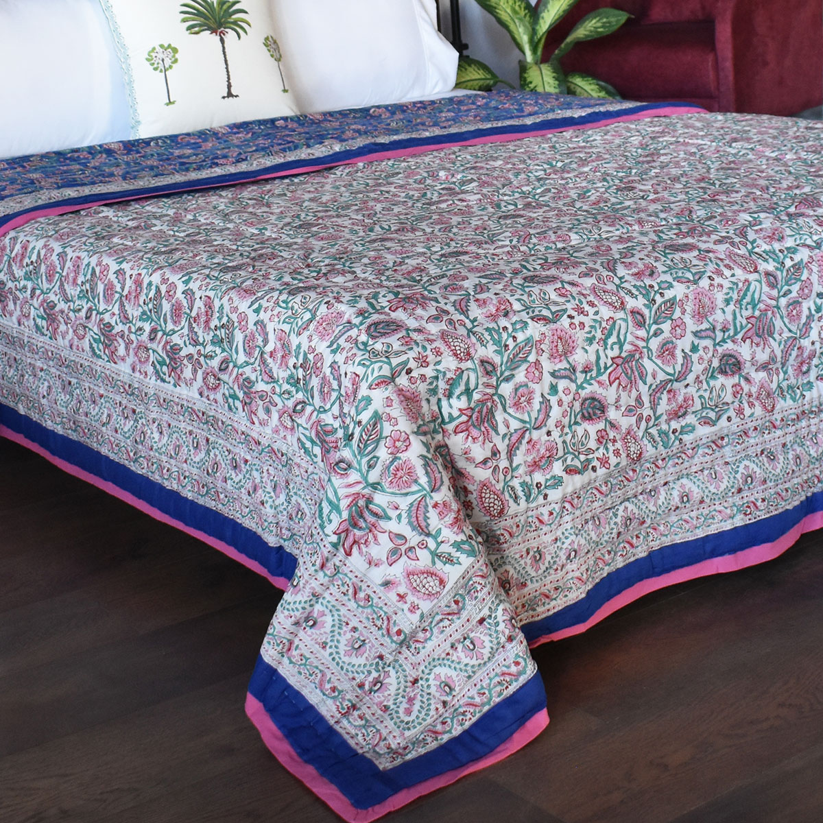 Hand Block Printed Cotton Queen Size Quilt  New Blue Pink 504725