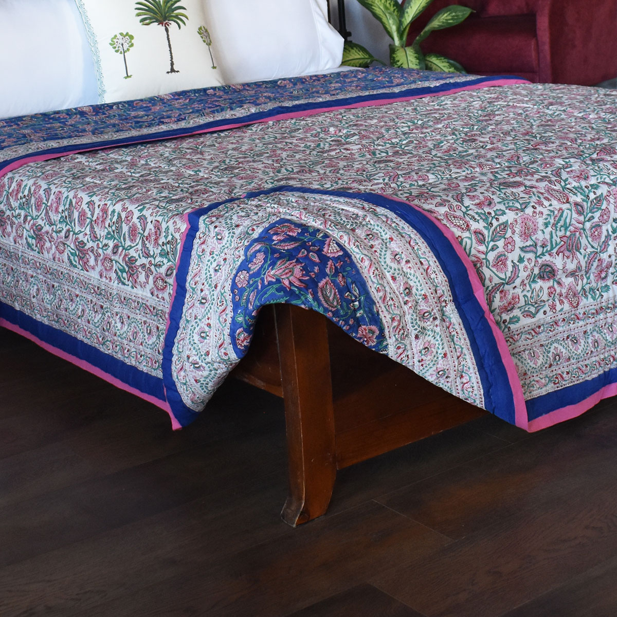 Hand Block Printed Cotton Queen Size Quilt New Blue Pink 504725