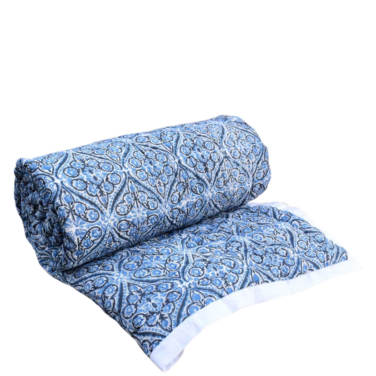 Hand Block Printed Cotton Twin Size Quilt  Nili Phool Chokri 106104