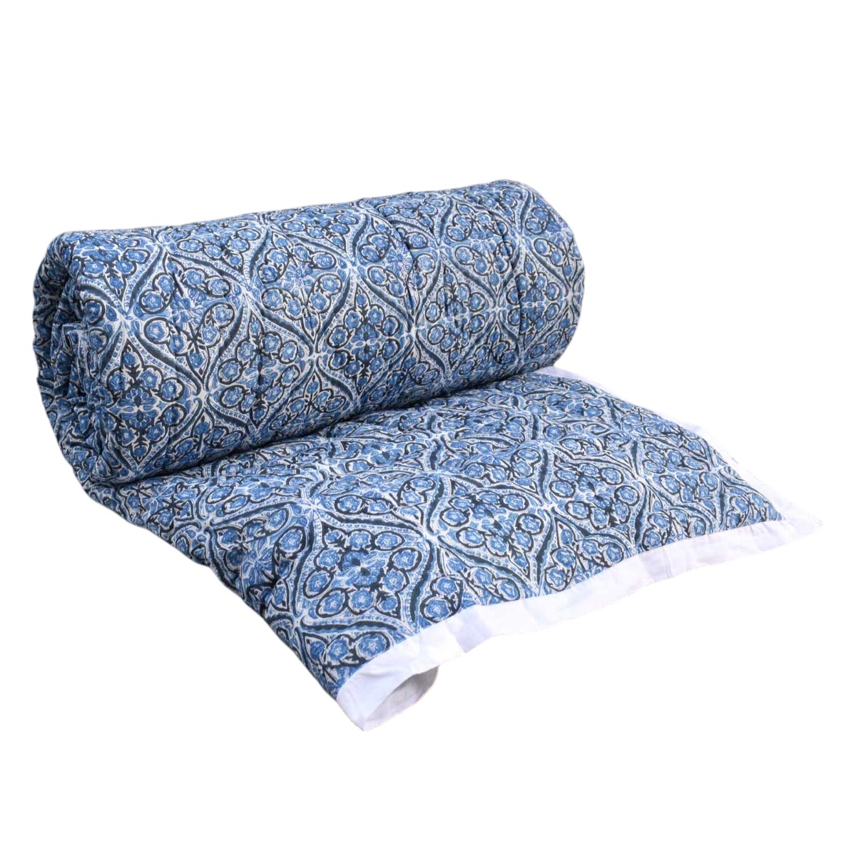 Hand Block Printed Cotton Medium Size Quilt  Nili Phool Chokri 106104