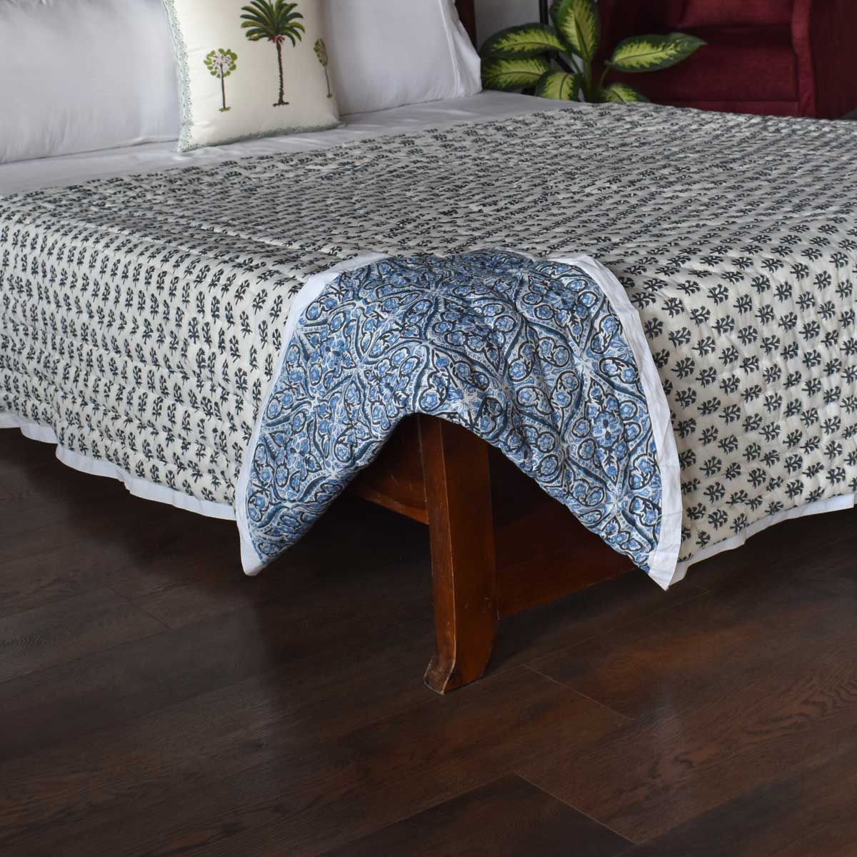 Hand Block Printed Cotton Twin Size Quilt Nili Phool Chokri 106104