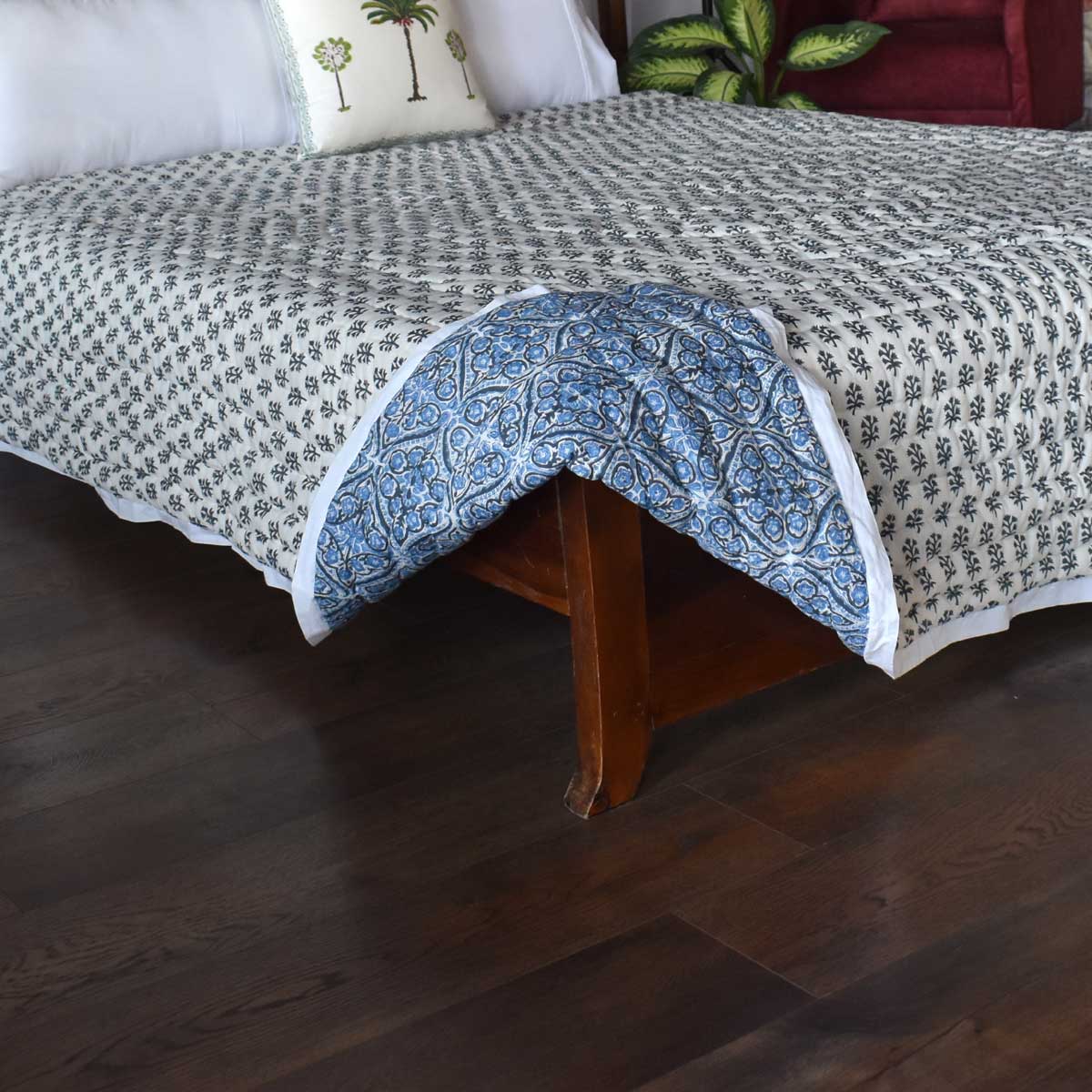 Hand Block Printed Cotton Medium Size Quilt  Nili Phool Chokri 106104