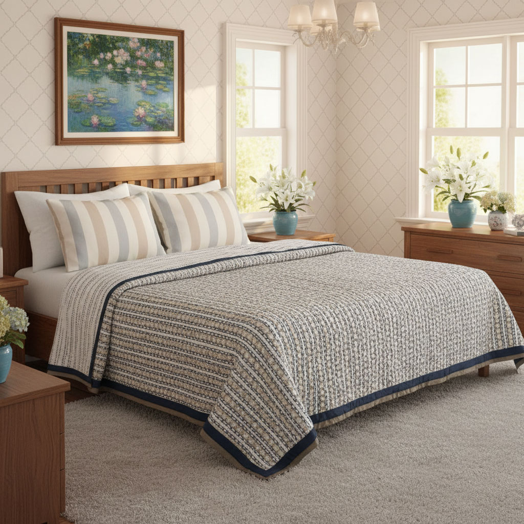 Hand Block Printed Cotton Medium Size Quilt  Nordic Blue Greystone Stripe 202527