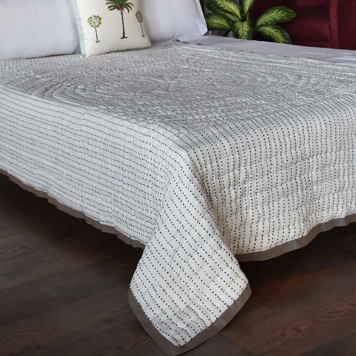 Hand Block Printed Cotton Twin Size Quilt  Nordic Blue Greystone Stripe 202527