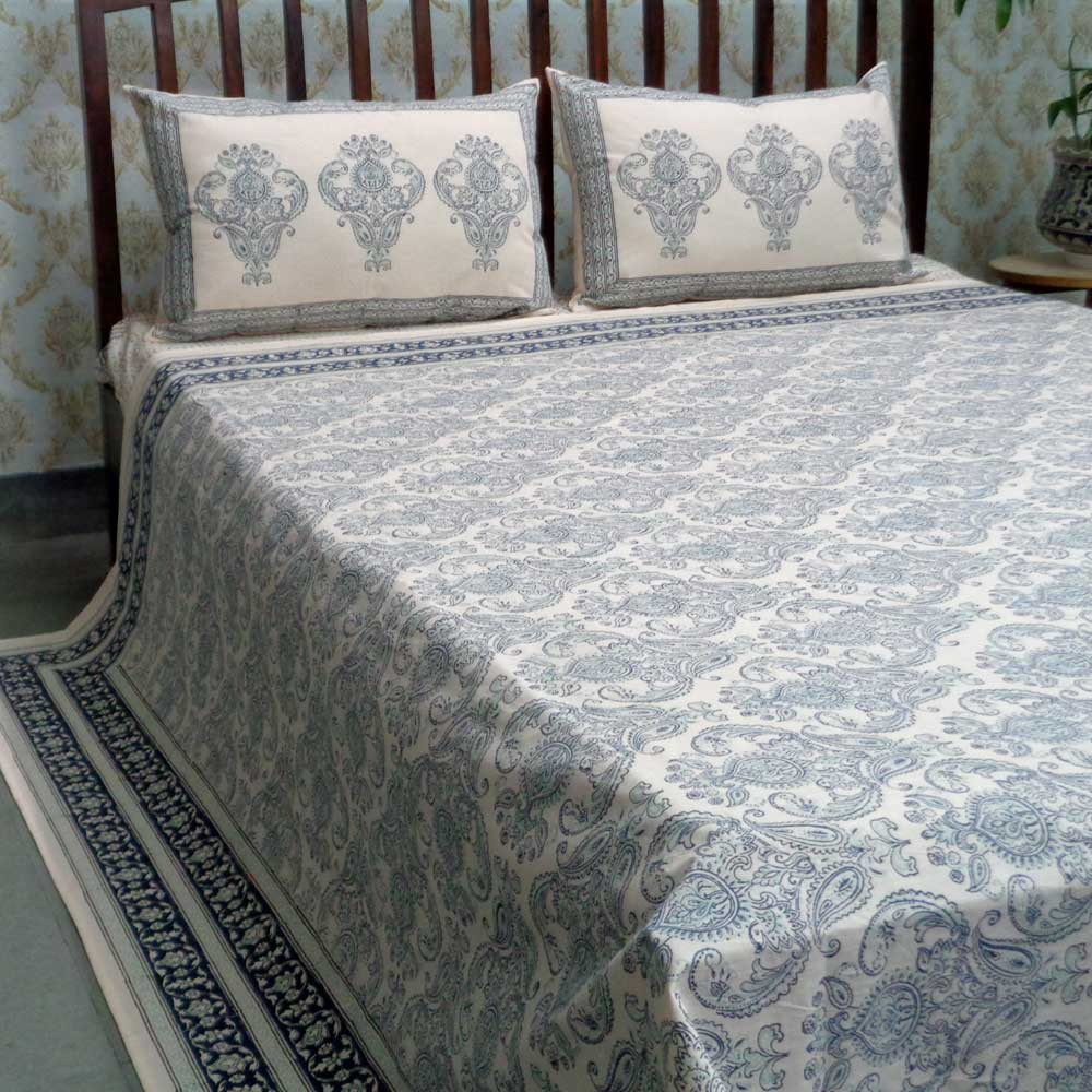 Off White Dyed and Block Printed Queen Size Bedspread Crown Paisley 101883