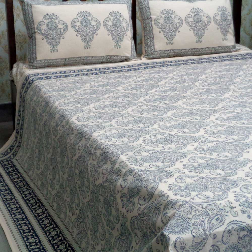 Off White Dyed and Block Printed Queen Size Bedspread Crown Paisley 101883