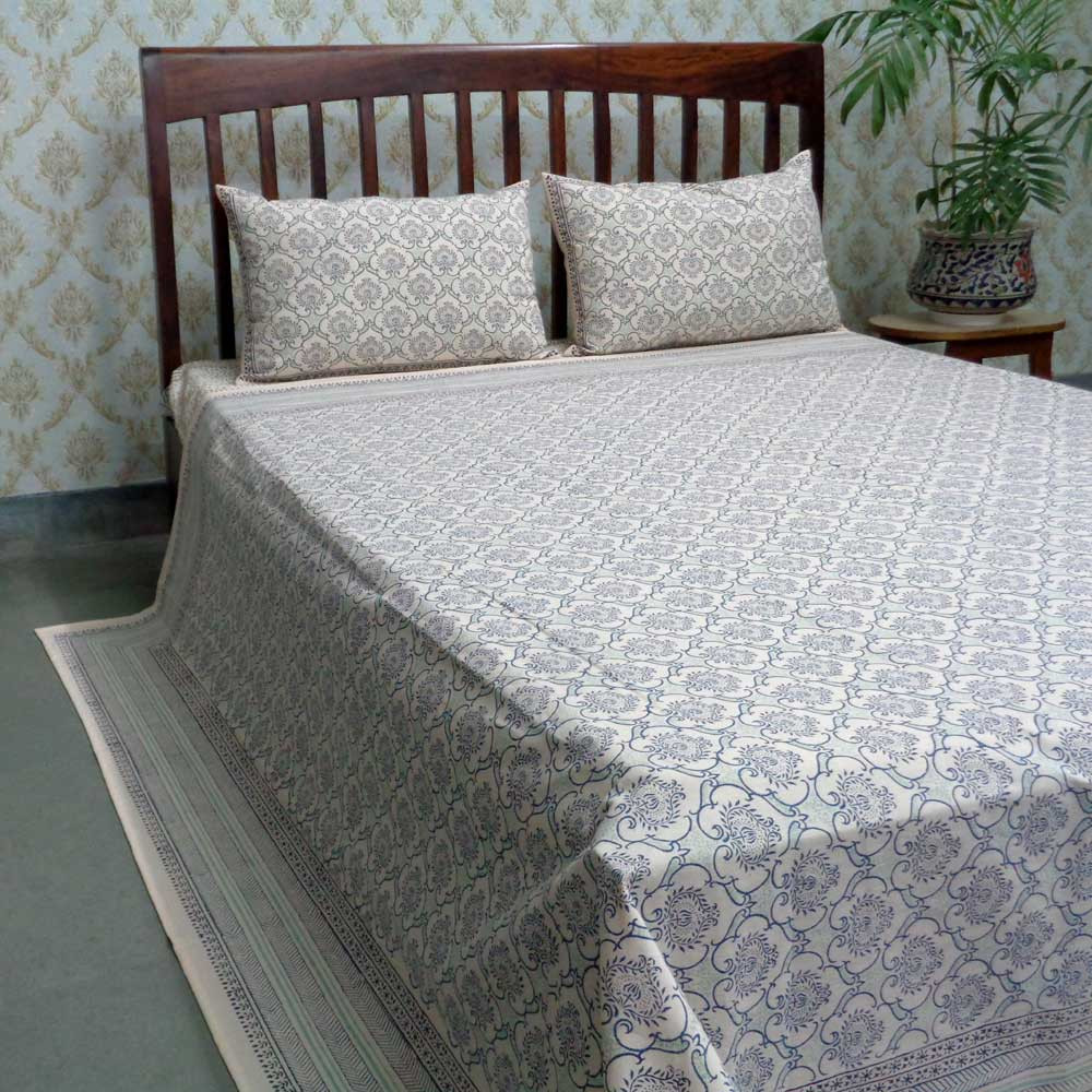 Off White Dyed and Block Printed Queen Size Bedspread Ogee 101865