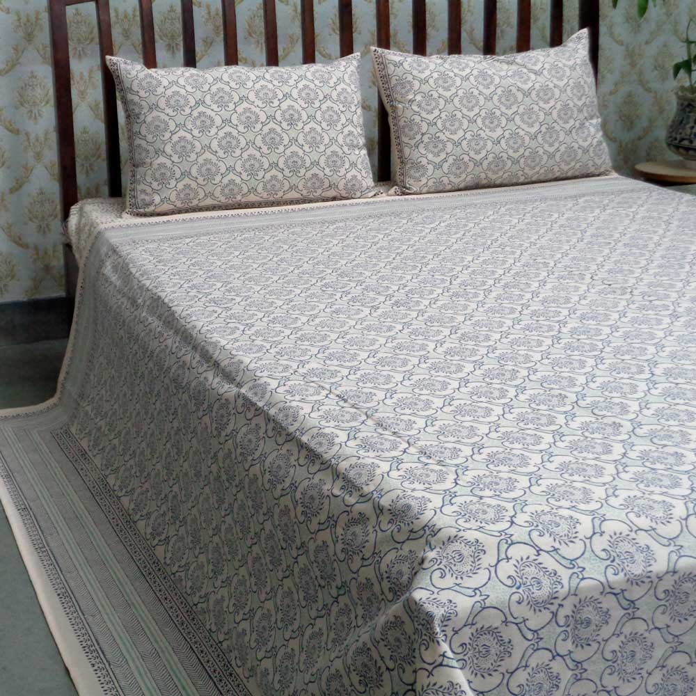 Off White Dyed and Block Printed Queen Size Bedspread  Ogee 101865