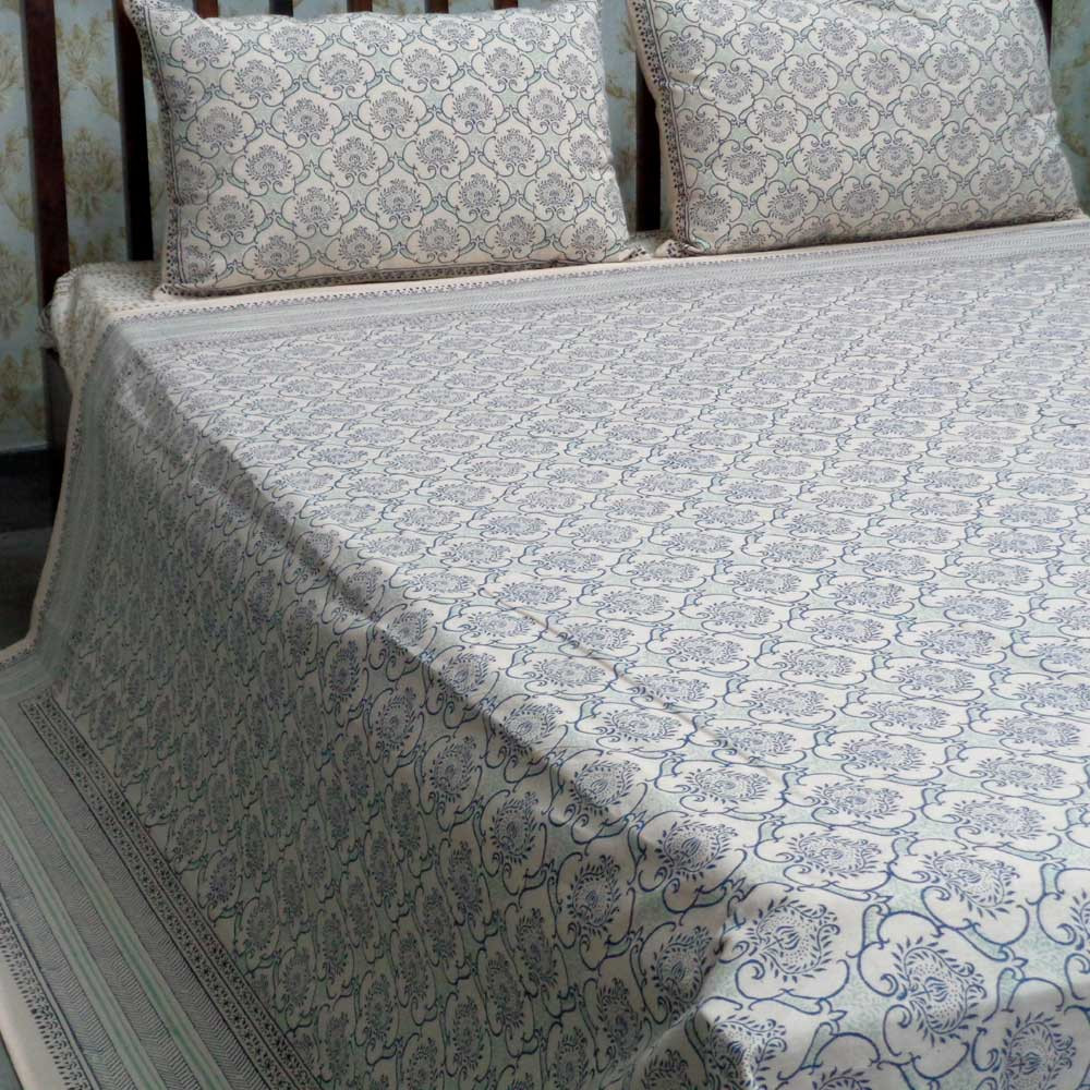 Off White Dyed and Block Printed Queen Size Bedspread Ogee 101865