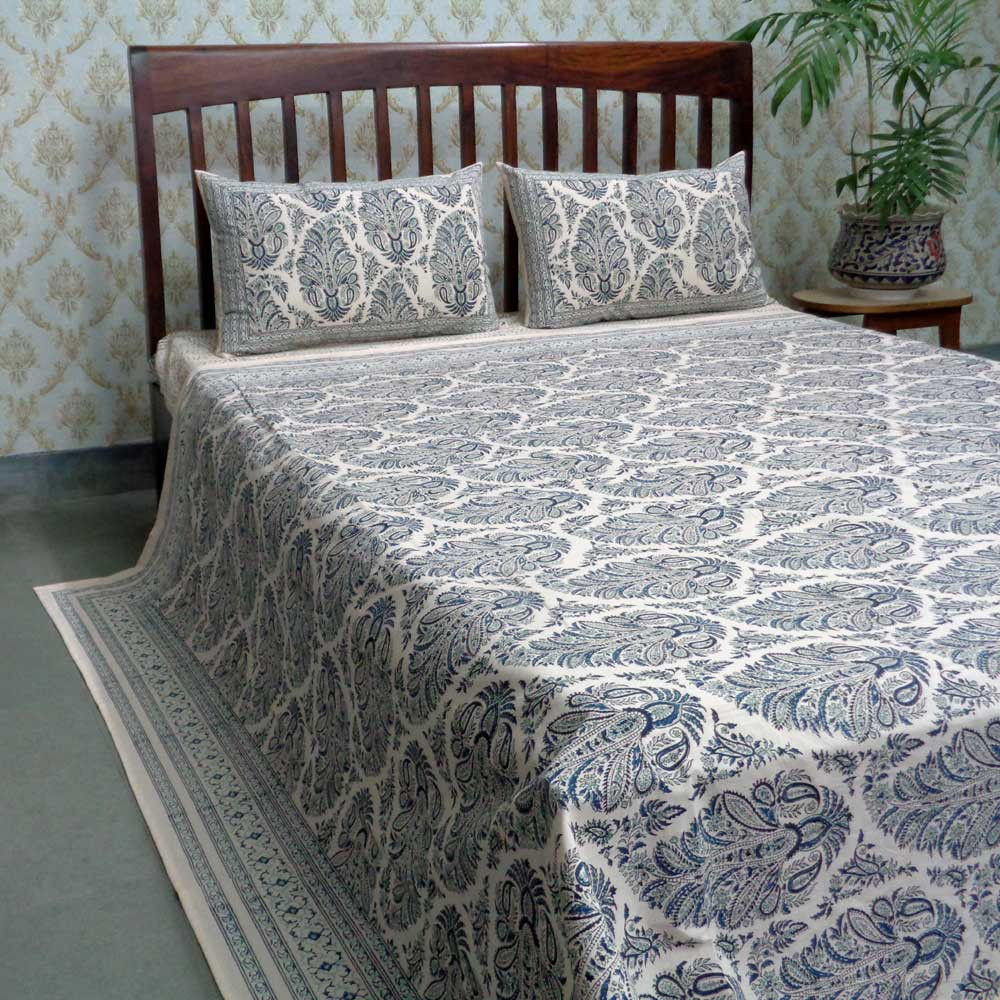 Off White Dyed and Block Printed Queen Size Bedspread Peacock Jade Blue 101877