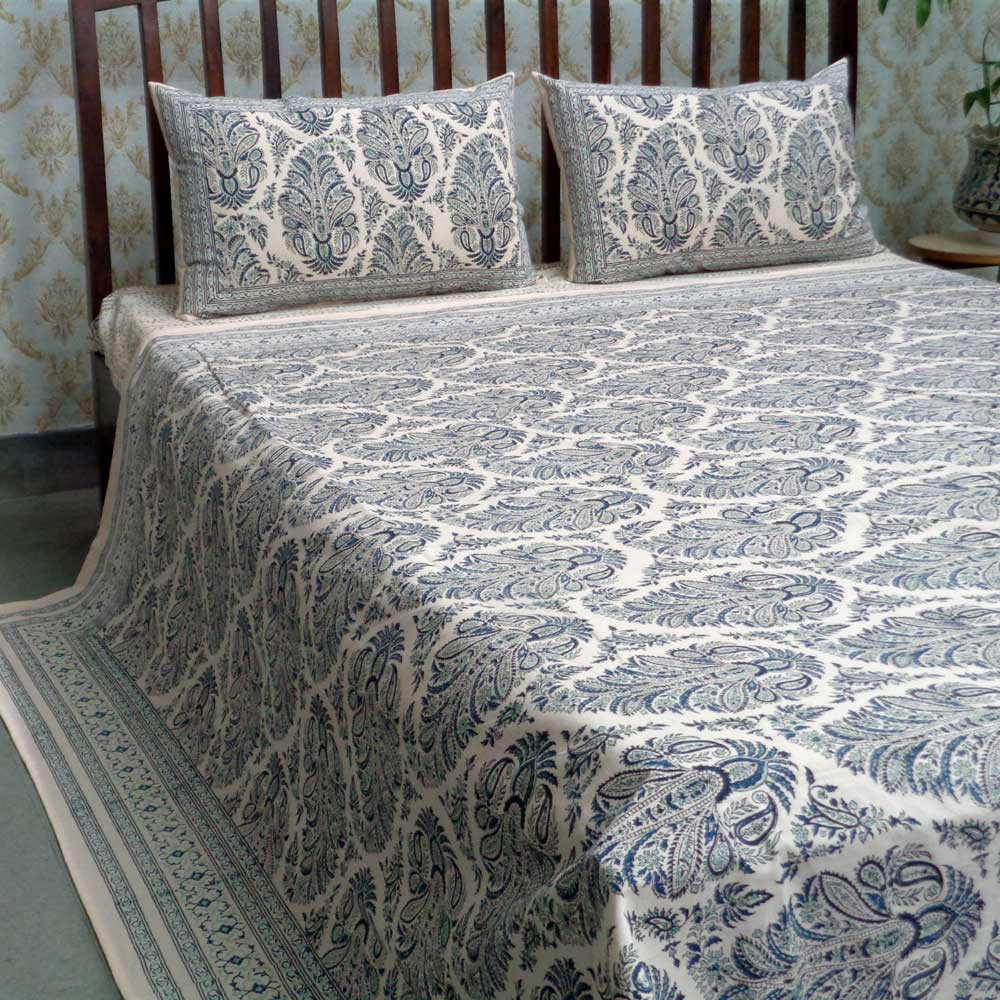 Off White Dyed and Block Printed Queen Size Bedspread Peacock Jade Blue 101877