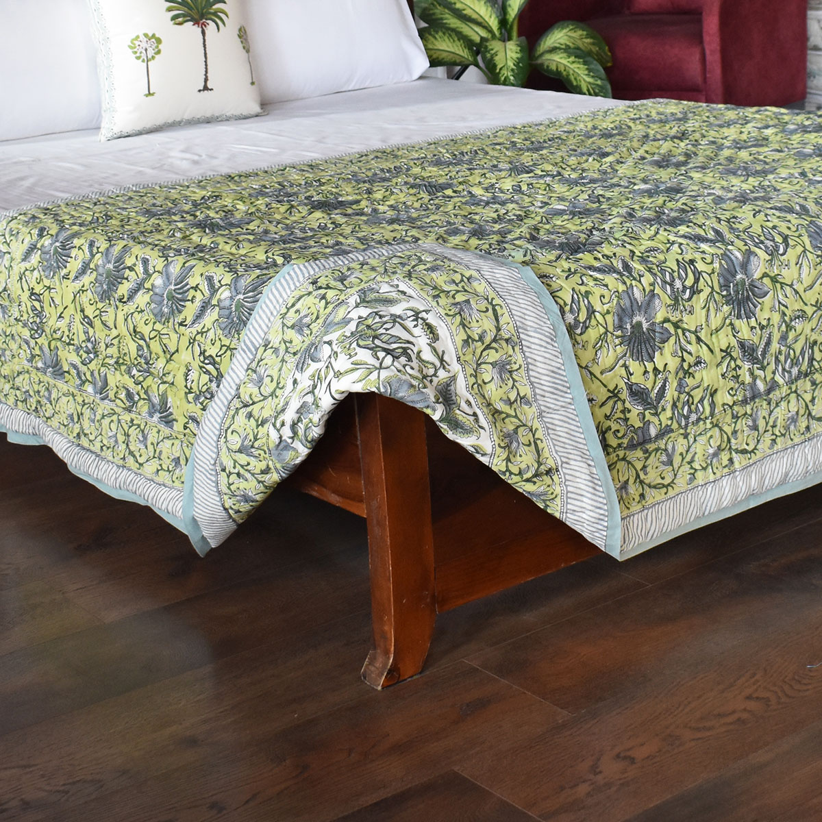 Hand Block Printed Cotton Twin Size Quilt Olive Flower Gud 602183