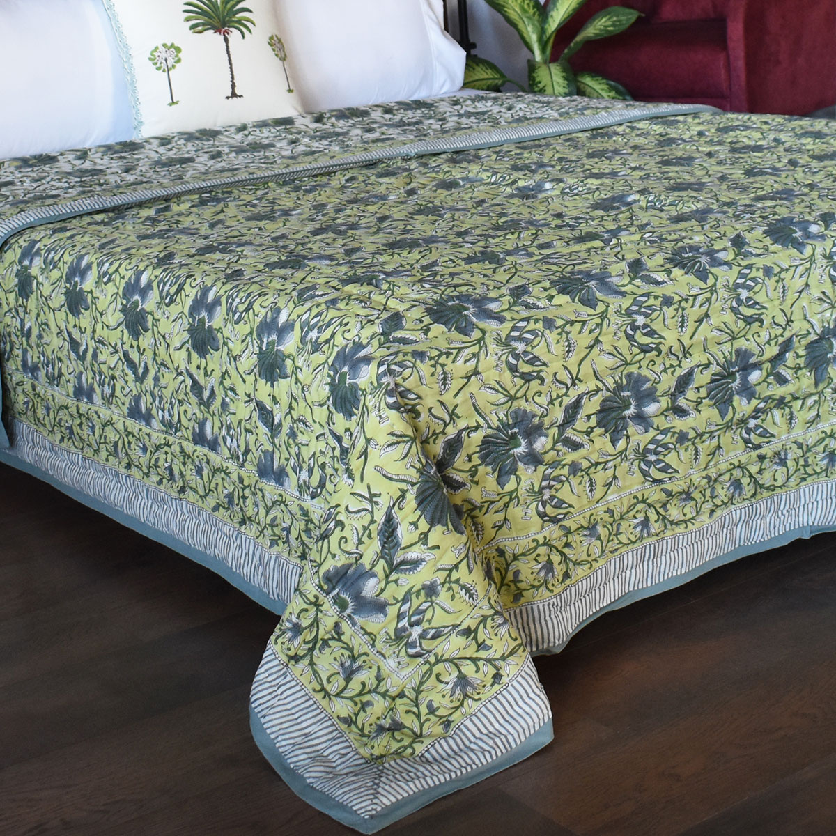 Hand Block Printed Cotton Queen Size Quilt Olive Flower Gud 602183
