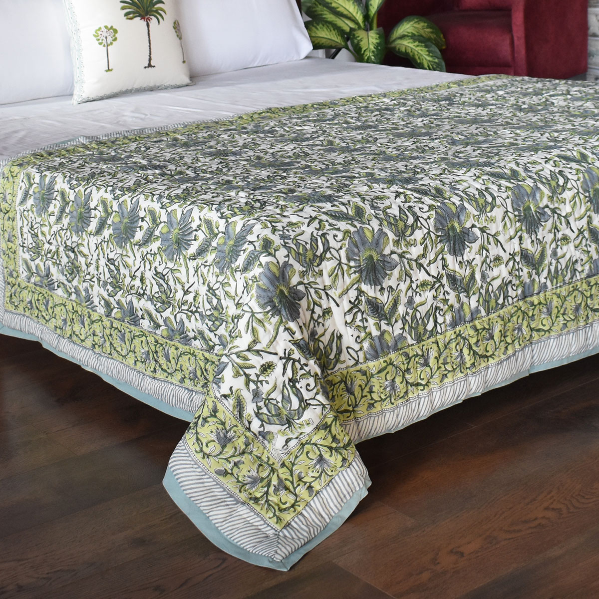 Hand Block Printed Cotton Twin Size Quilt Olive Flower Gud 602183