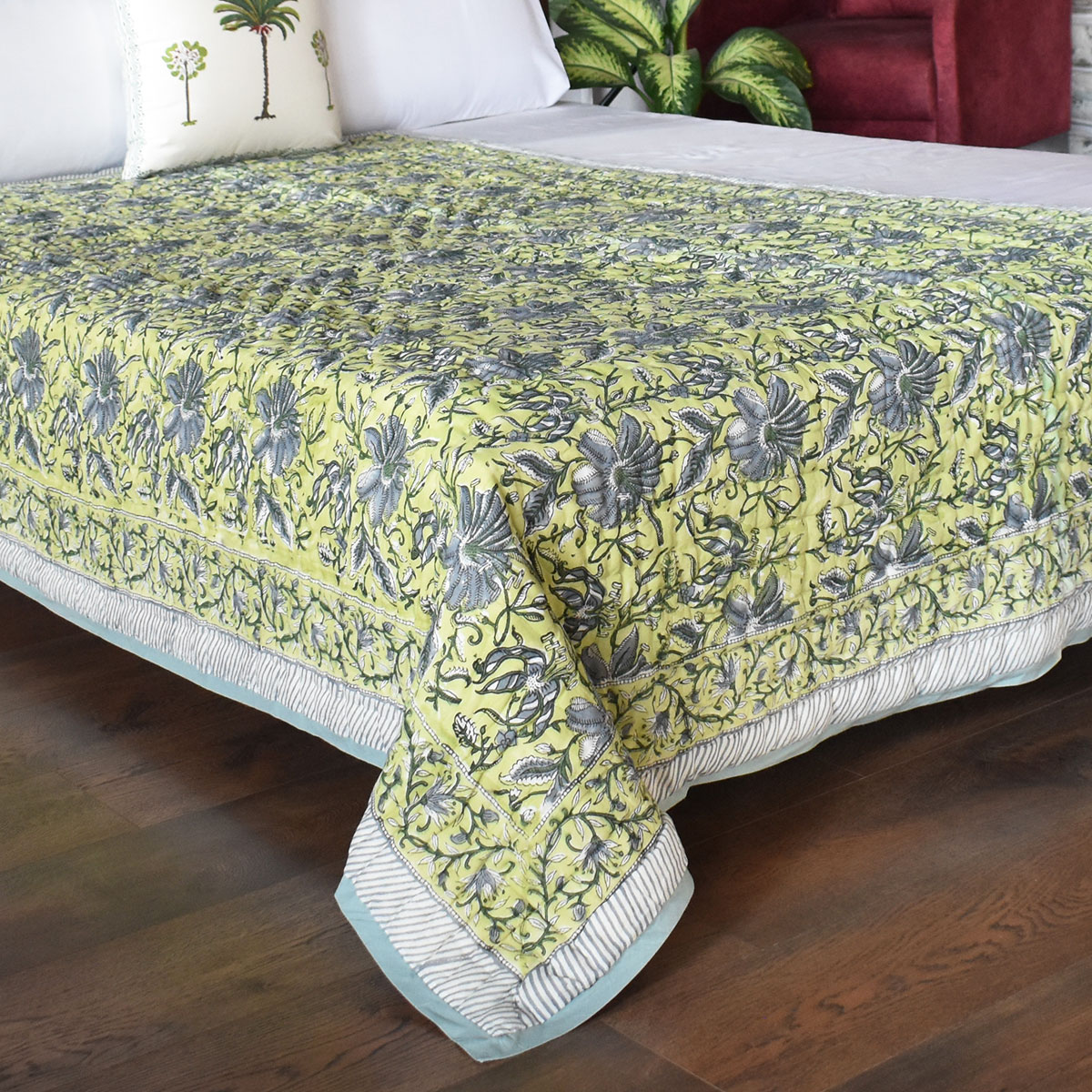 Hand Block Printed Cotton Twin Size Quilt Olive Flower Gud 602183