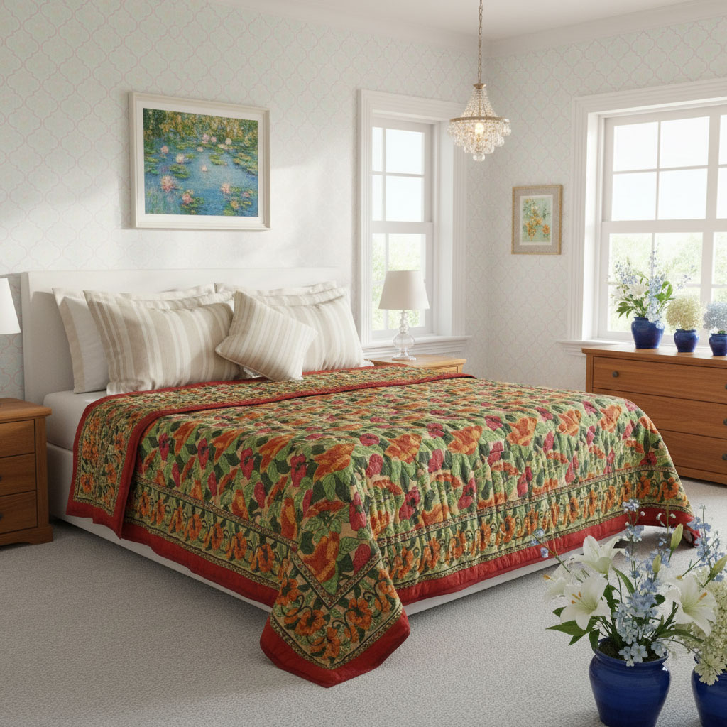 Hand Block Printed Cotton Quilt King Size Orange Patti 509089