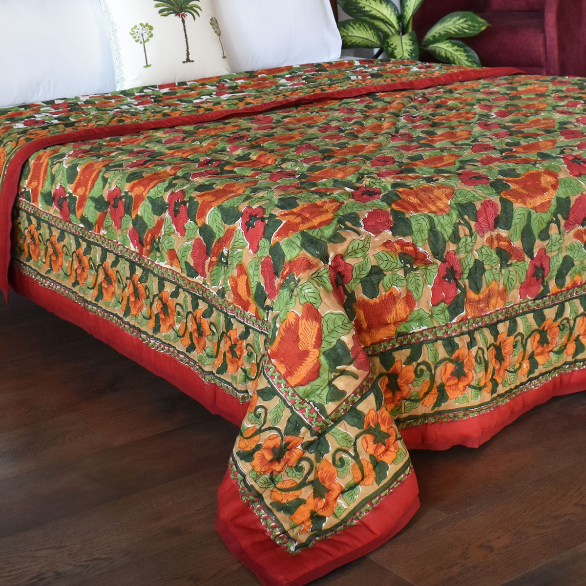 Hand Block Printed Cotton Quilt King Size  Orange Patti 509089