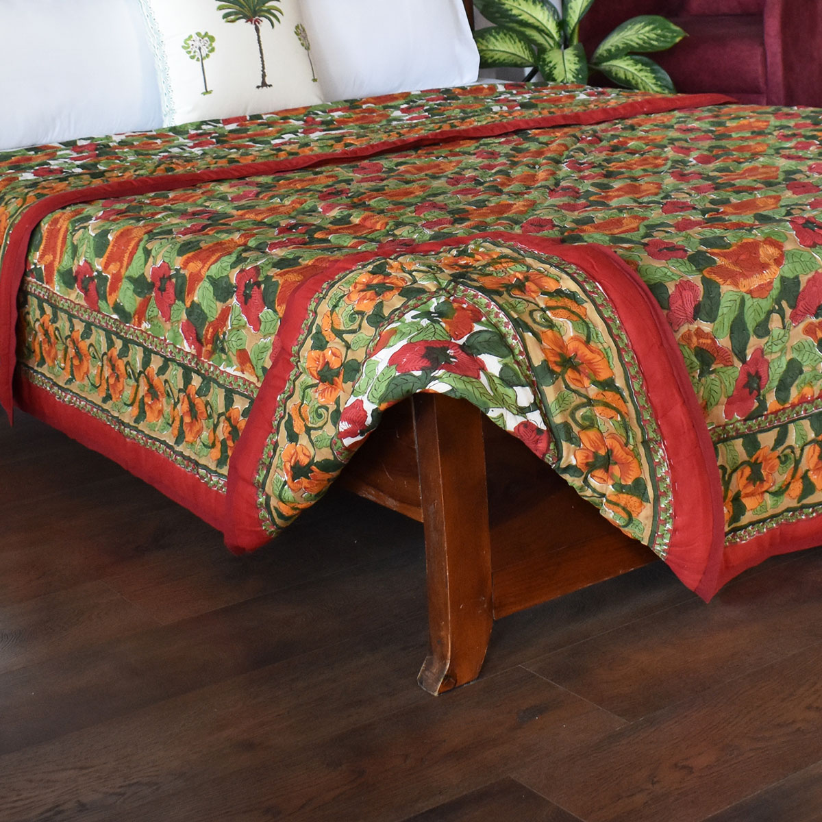 Hand Block Printed Cotton Quilt King Size  Orange Patti 509089