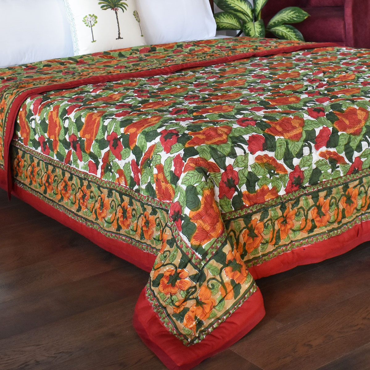 Hand Block Printed Cotton Quilt King Size  Orange Patti 509089