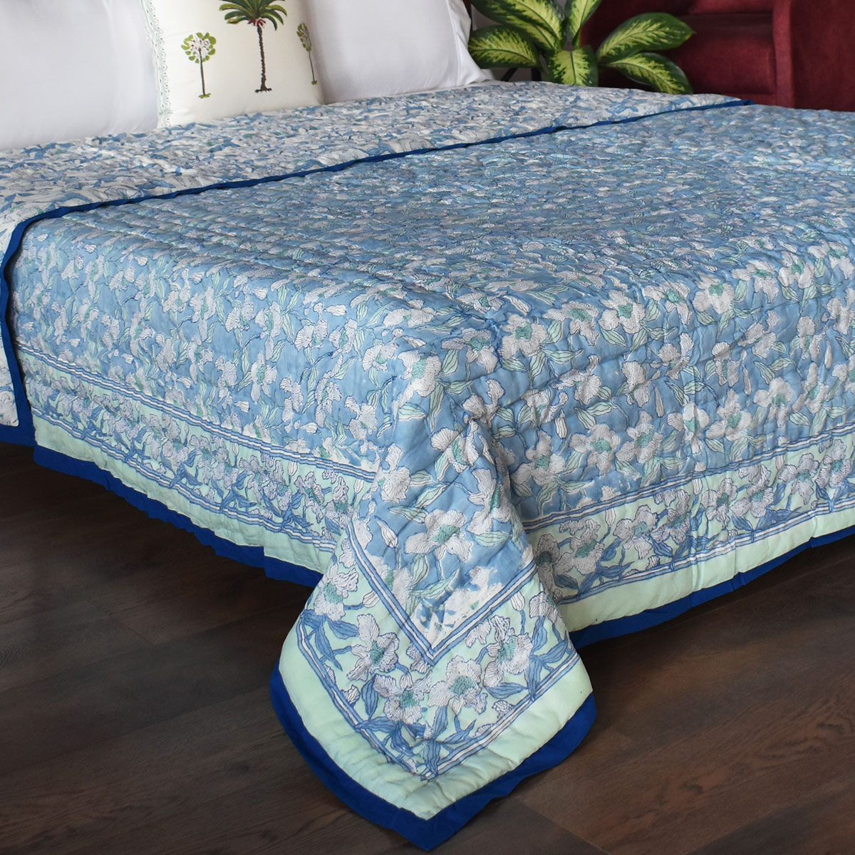 Hand Block Printed Cotton Queen Size Quilt Orchid Aqua 203890