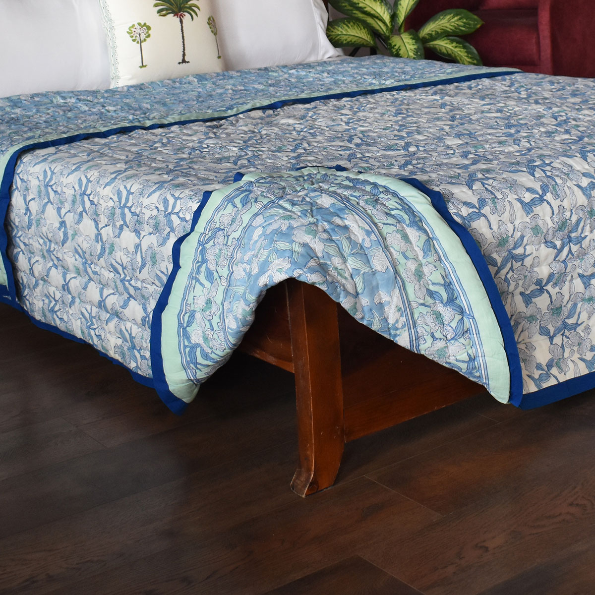 Hand Block Printed Cotton Queen Size Quilt Orchid Aqua 203890