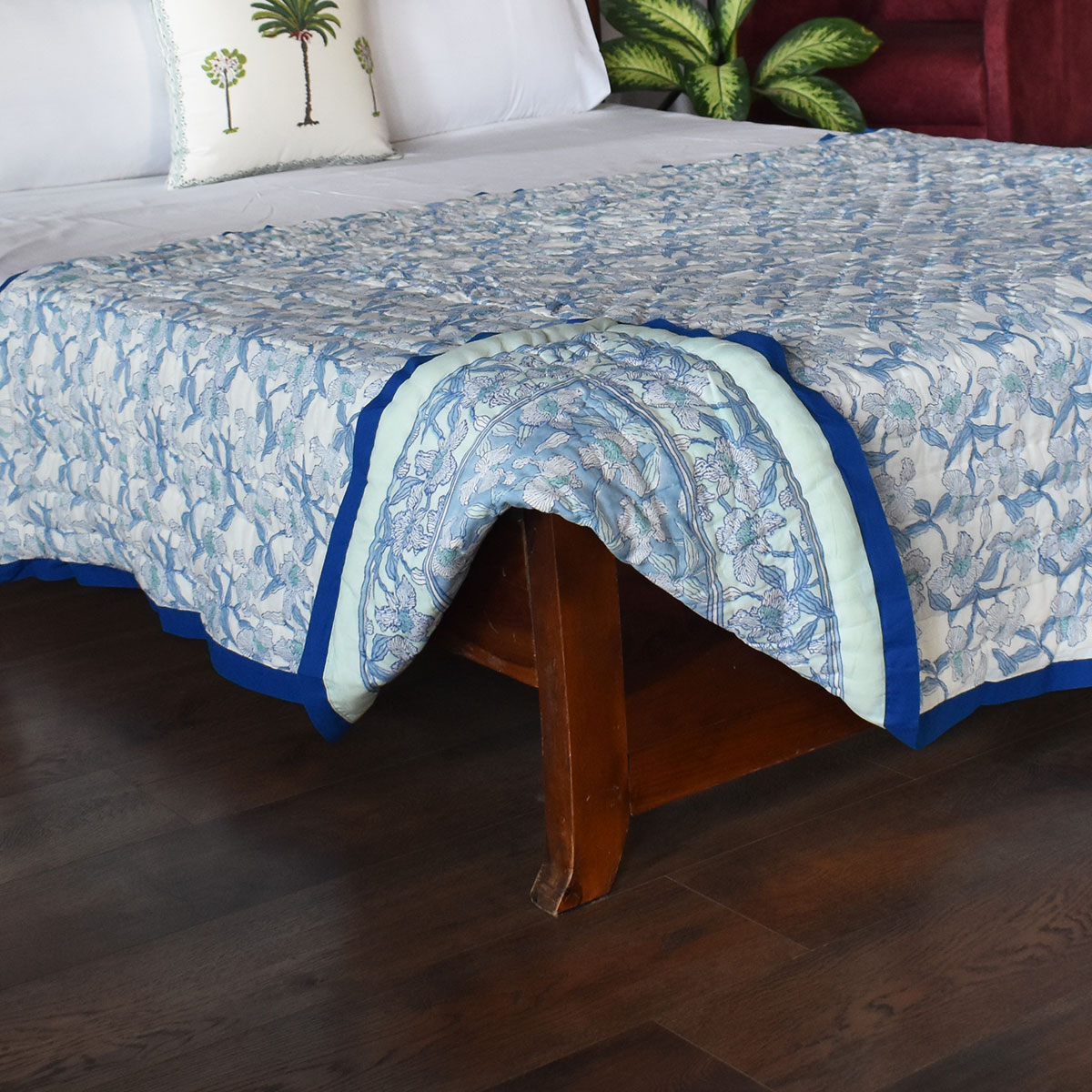 Hand Block Printed Cotton Twin Size Quilt Orchid Aqua 203890