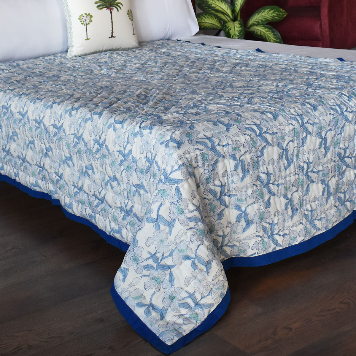 Hand Block Printed Cotton Twin Size Quilt  Orchid Aqua 203890