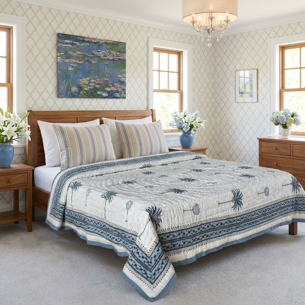 Hand Block Printed Cotton Twin Size Quilt Palm Tree Blue 203485